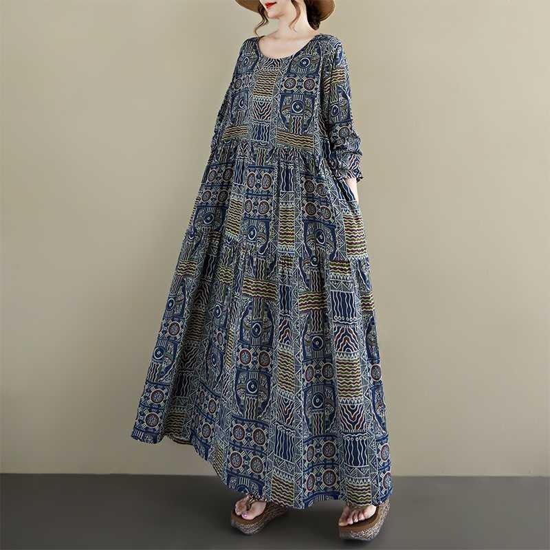 【ワンピース】秋新作ゆったり花柄ワンピース 大きめサイズ ファッション 長袖ドレス【SHシリーズ】