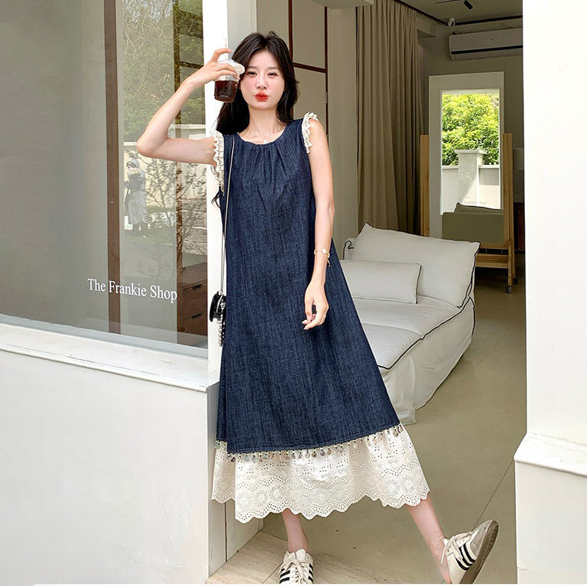 【ワンピース】夏新作 韓国風 ヴィンテージ風 スリム見え レーストリム ノースリーブ 切り替え デザイン ベストワンピース【JZシリーズ】