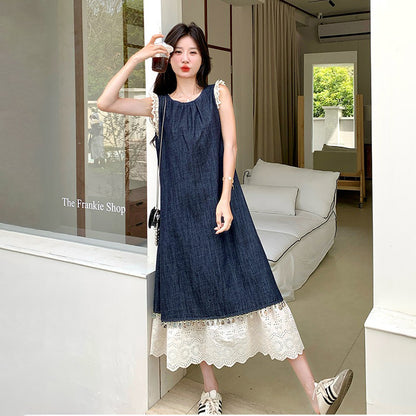 【ワンピース】夏新作 韓国風 ヴィンテージ風 スリム見え レーストリム ノースリーブ 切り替え デザイン ベストワンピース【JZシリーズ】
