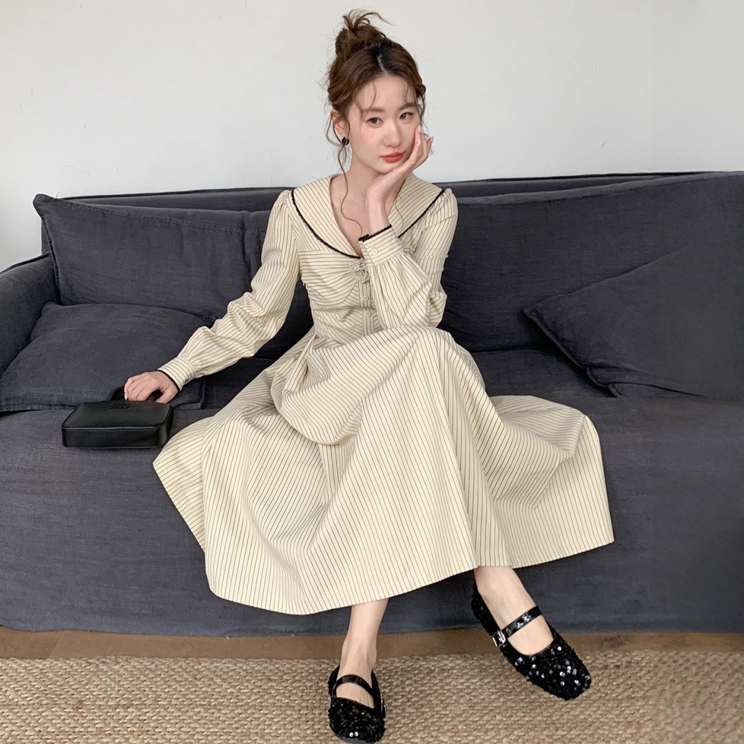 【ワンピース】春 秋 セーラーカラー ストライプ デザイン感 ロング丈 長袖 ワンピース 【JZシリーズ】