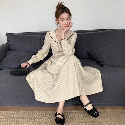 【ワンピース】春 秋 セーラーカラー ストライプ デザイン感 ロング丈 長袖 ワンピース 【JZシリーズ】