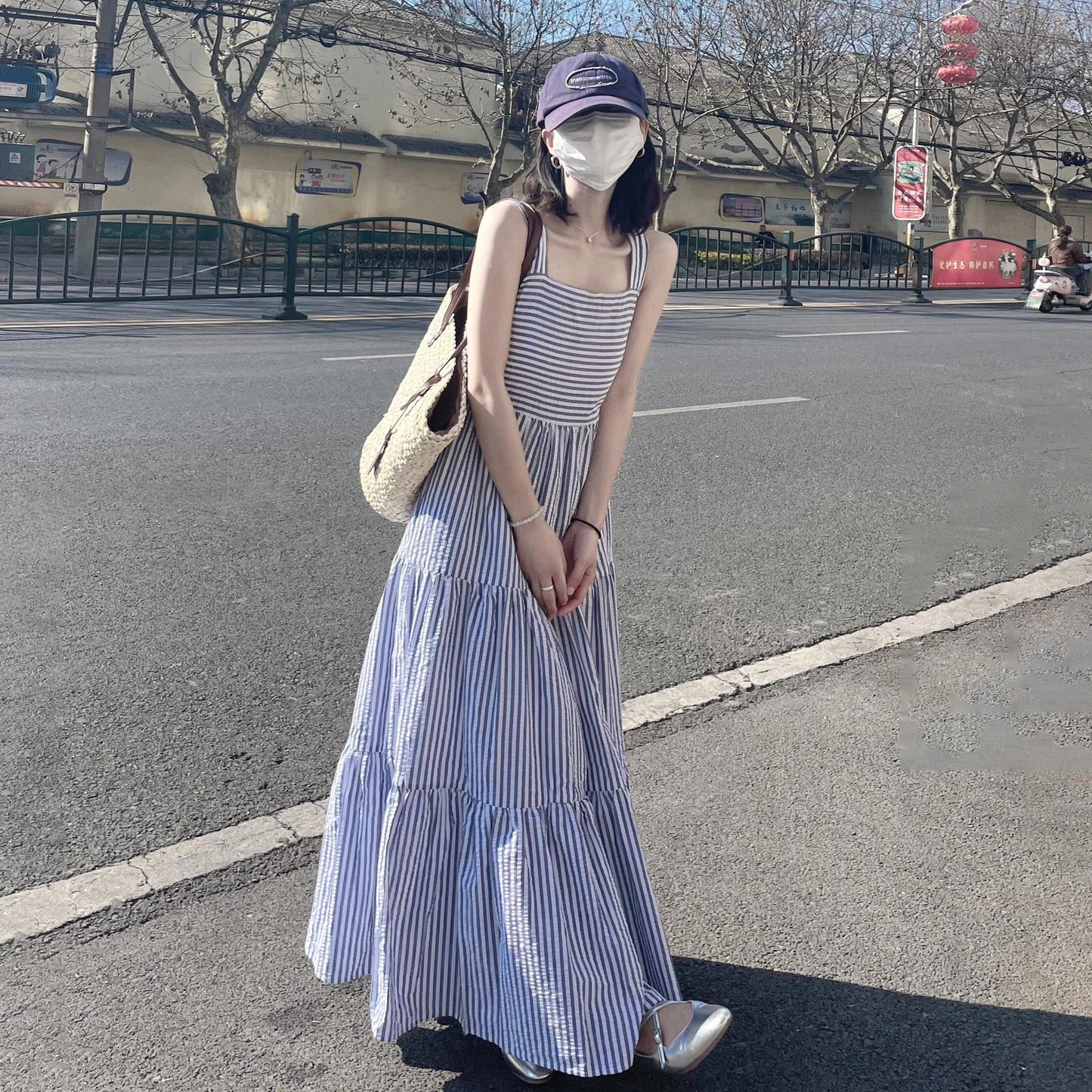 【ワンピース】ストライプ柄 ノースリーブ ワンピース 夏 フレンチ風 キャミソール ゆったり カジュアル ビーチ バカンス【SHシリーズ】