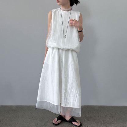 【セットアップ】上品風 ノースリーブ シャツ & シアースカート 上下セット レディース 夏 タイネック フェミニン Aライン ゆったり 通勤 体型カバー 人気【JZシリーズ】