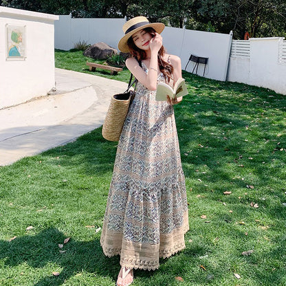 【ワンピース】バカンス映え ボヘミアン ノースリーブワンピース 花柄ロング丈 夏新作 リゾートスタイル【SHシリーズ】