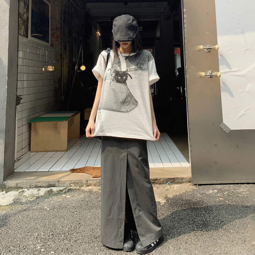 【トップス】Tシャツ レディース キャットプリント 猫柄 クルーネック 半袖 コットン100% オーバーサイズ カジュアル【JZシリーズ】