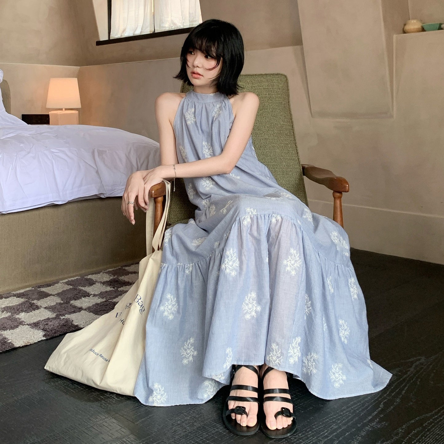 【ワンピース】リゾート 刺繍入り 夏 フローラルプリント ノースリーブワンピース【JZシリーズ】