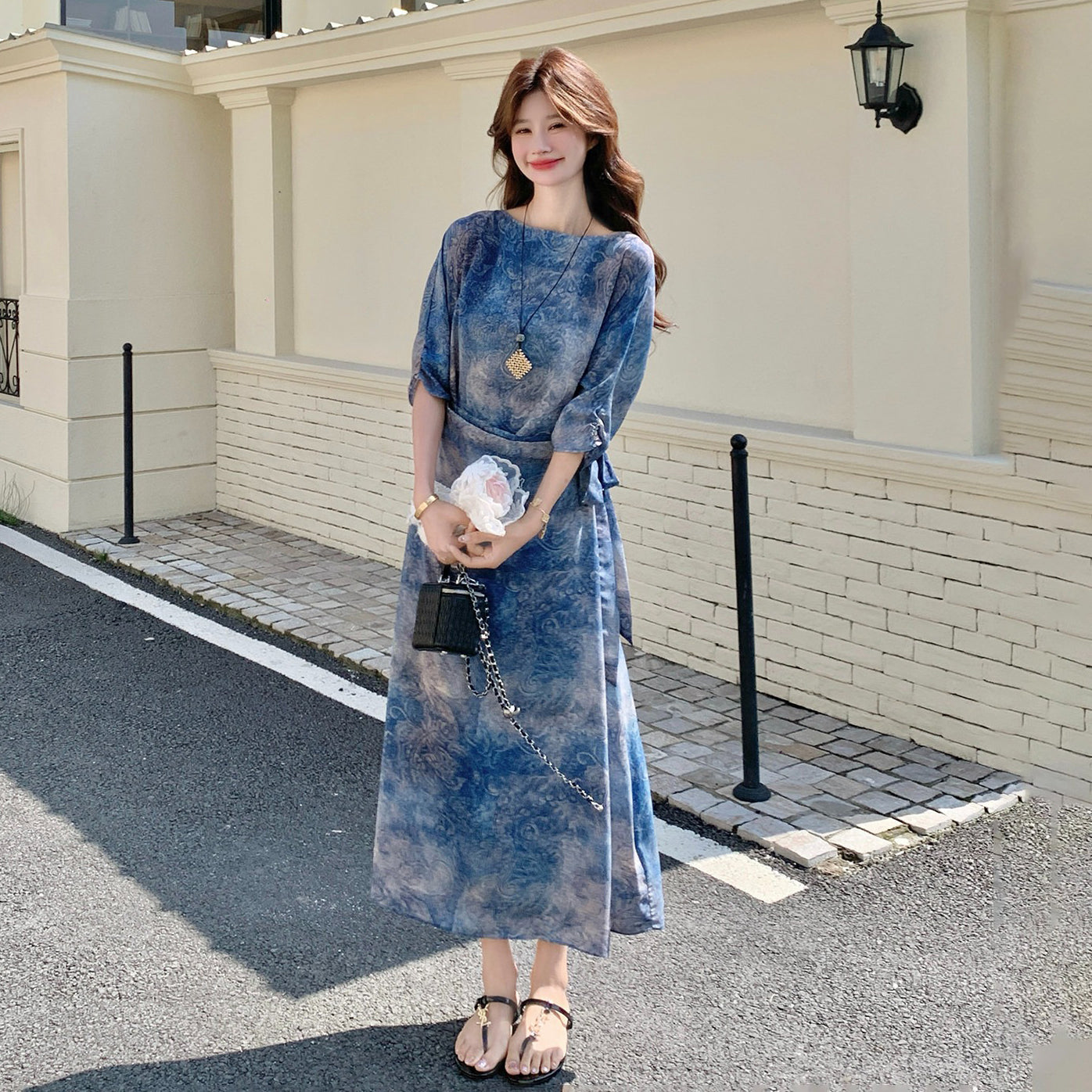 【ワンピース】ブルー 長袖ワンピース 夏新作 グラデーションプリント チャイナ風 デザインウエストリボン Aライン ロング丈【SHシリーズ】