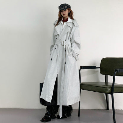 【アウター】韓国風 ストライプ ダブルボタン ベルト付き ロングトレンチコート【FCシリーズ】【10～15日内発送】