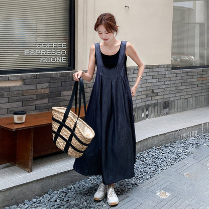 2点セット！【セットアップ】重ね着でおしゃれ ノースリーブ デニムサロペットワンピースセット レディース 夏 学院風 若見え スリム見え 体型カバー【JZシリーズ】