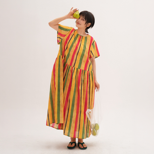 【ワンピース】レトロ 和風 着痩せ Aライン ロング ストライプ ワンピース 【JZシリーズ】