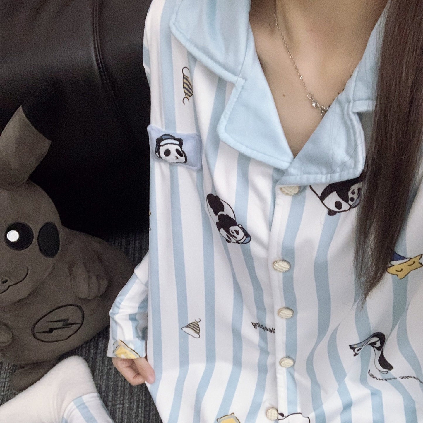 【インナー】かわいいパンダ ストライプ柄 アイランドフリース 薄手 ルームウェア レディース 秋冬