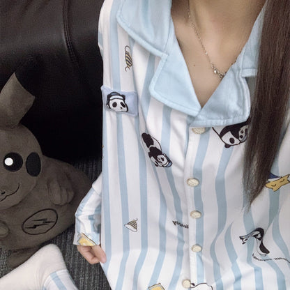 【インナー】かわいいパンダ ストライプ柄 アイランドフリース 薄手 ルームウェア レディース 秋冬