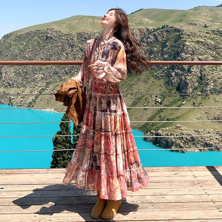 【セットアップ】メラード風 ベスト+花柄長袖ワンピース セット 春秋 若見え 上品でエレガント 超おしゃれ【SHシリーズ】