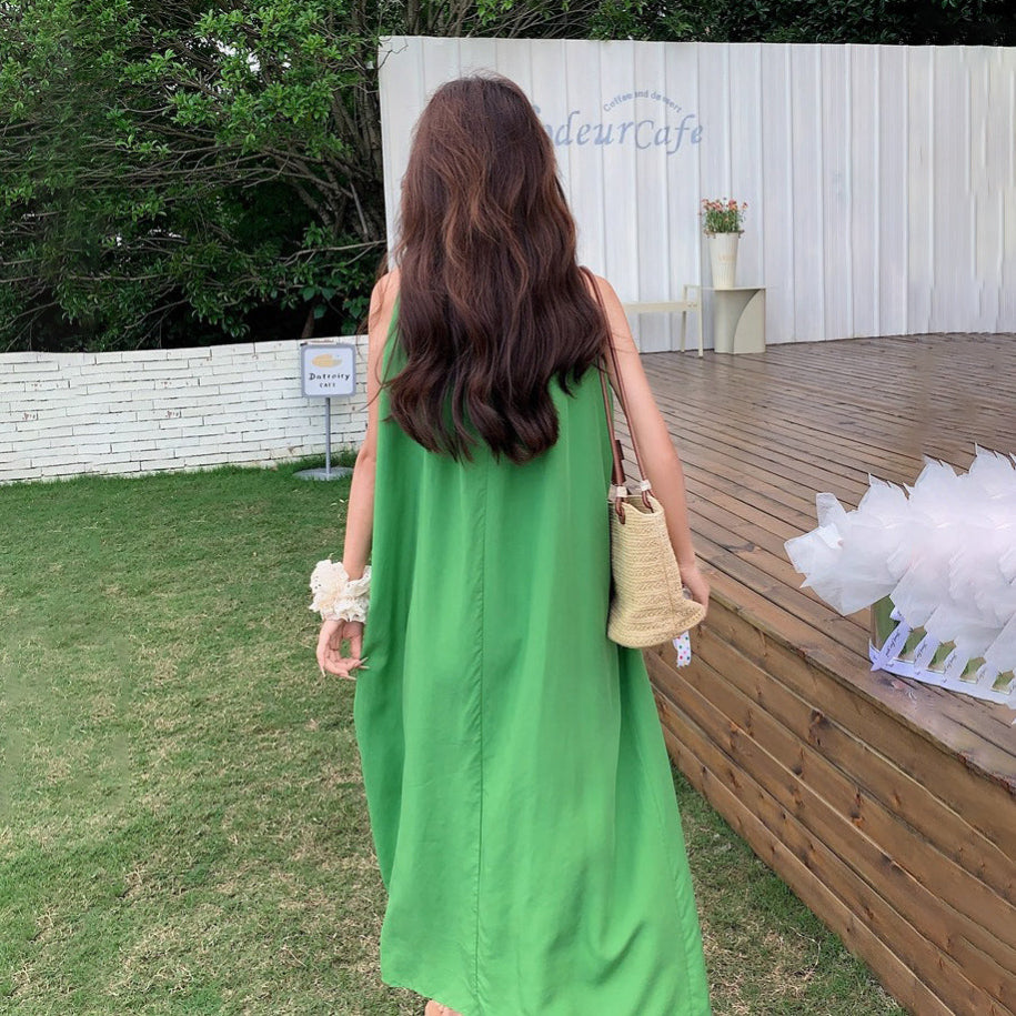 【ワンピース】夏 バカンス森系 細見え気質 ノースリーブオフショルダーワンピース【JZシリーズ】