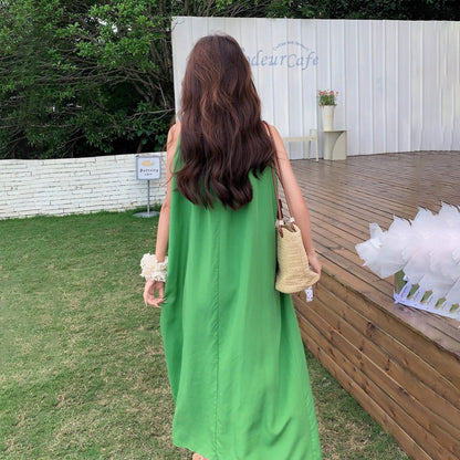 【ワンピース】夏 バカンス森系 細見え気質 ノースリーブオフショルダーワンピース【JZシリーズ】