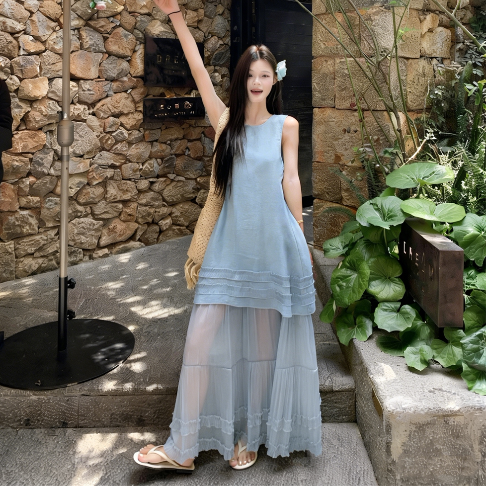 【ワンピース】フレンチ風 チュール切替 ノースリーブワンピース レディース 夏 ゆったり ラウンドネック 体型カバー 細見え フリル ロングワンピース 大人可愛い【SHシリーズ】