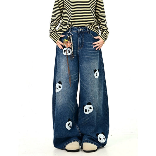 🎁ご注文でチャームプレゼント！【ボトムス】アメリカンスタイル 🐼パンダ刺繍 裏起毛 デニム パンツ【FCシリーズ】