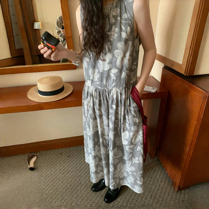 【ワンピース】夏 フロッキープリント プリント 	ヴィンテージ風 花柄 ノースリーブ ワンピース 【SHシリーズ】