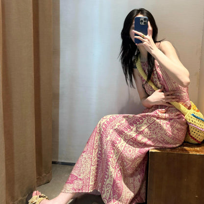 【ワンピース】ボヘミアン柄ホルターネックワンピース レディース 夏 リゾート ノースリーブ ゆったりシルエット【SHシリーズ】