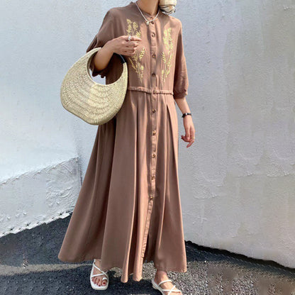 [洋裝] 春秋夏季大尺碼寬鬆民族風度假風刺繡短袖洋裝