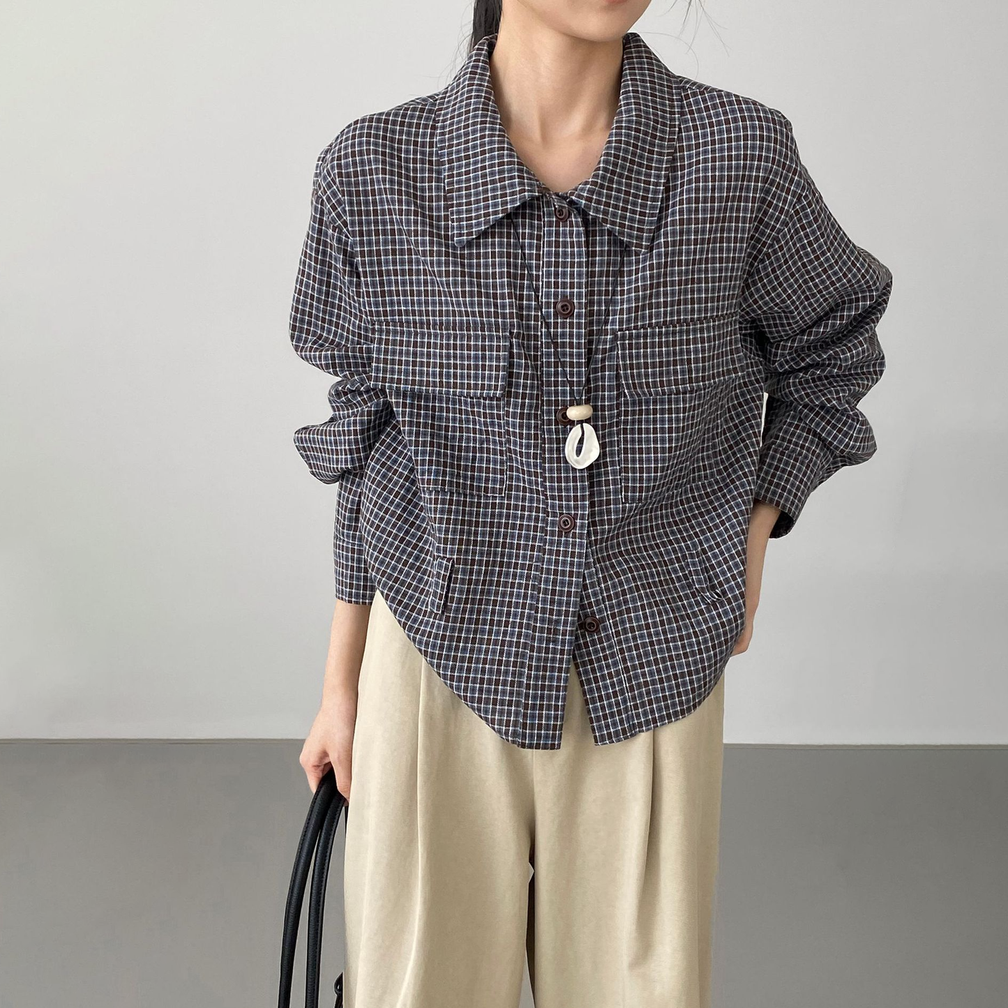 【トップス】韓国風 シンプルギンガムシャツ レディース ベルト付き デザインシャツ 襟付き ウエストマーク 美シルエット 着回しトップス【JZシリーズ】