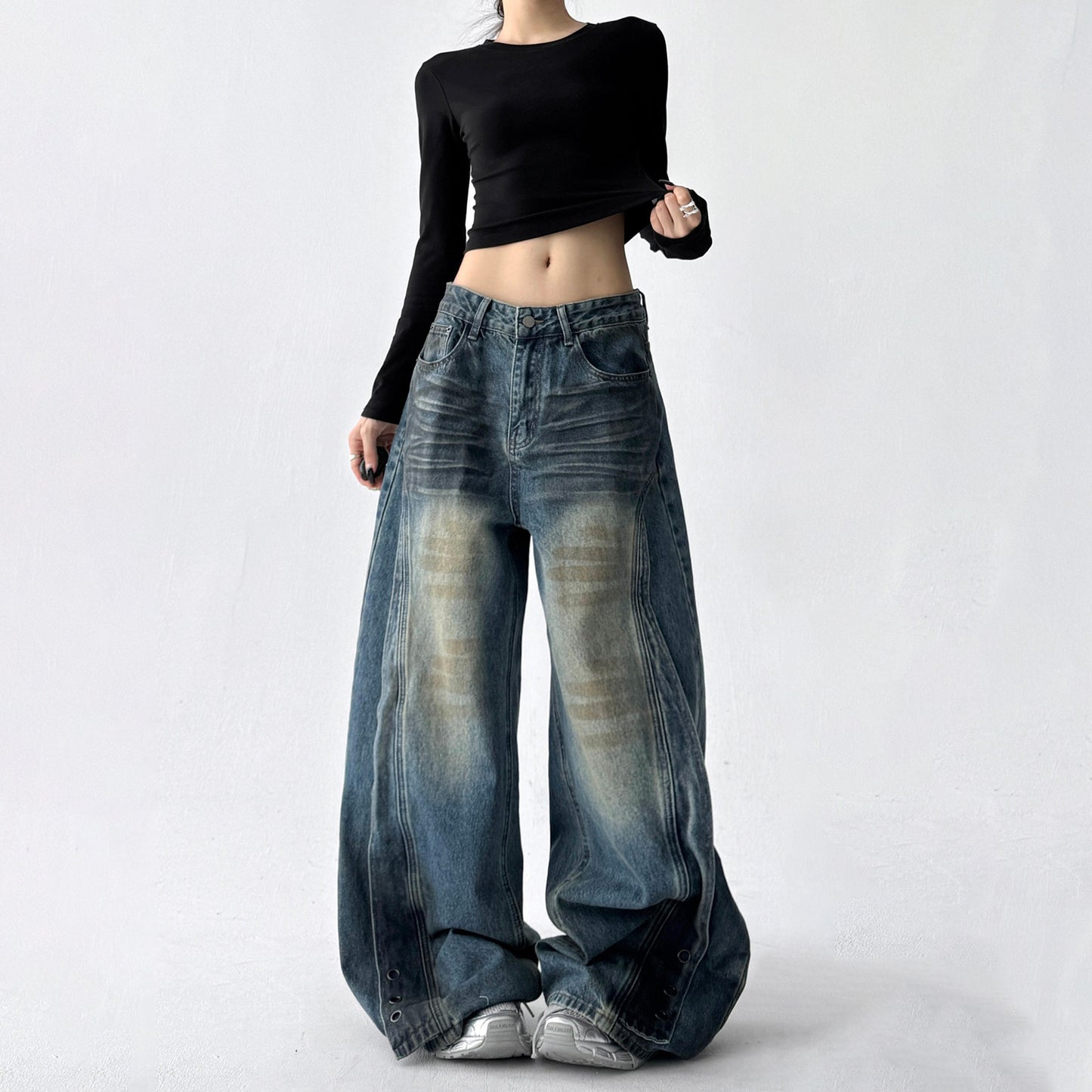 【ボトムス】デニム ハイウエスト ジーンズ 春秋 レディース ワイドストリートパンツ【FCシリーズ】