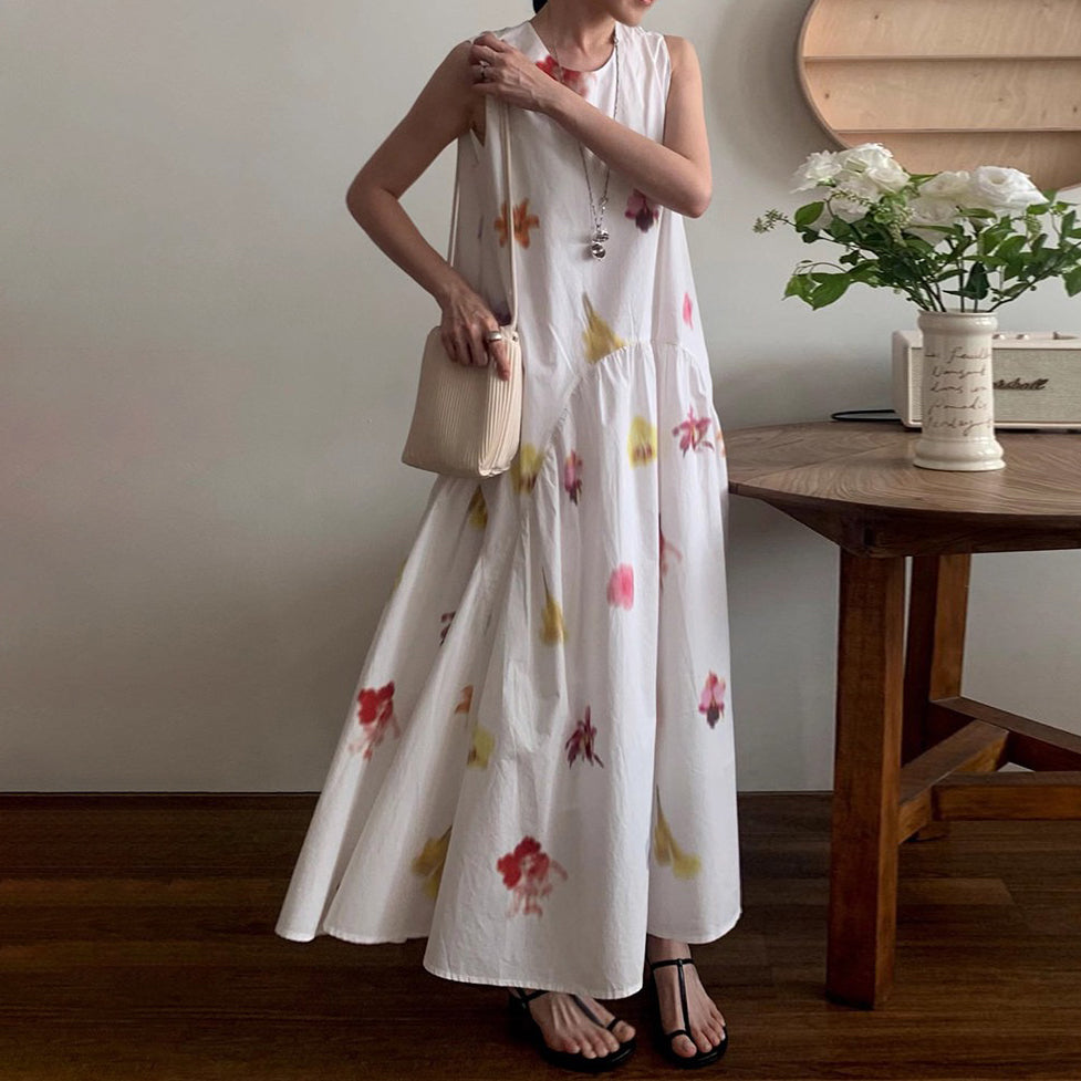 【ワンピース】リゾート風 油絵風アートプリント ノースリーブワンピース 夏新作 レトロ ゆったり フレアロングドレス レディース【SHシリーズ】