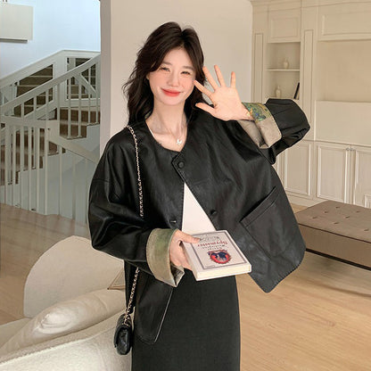 両面着用【アウター】ショート丈 PUレザー ジャケット おしゃれで合わせやすい ゆったりアウター【JZシリーズ】【SHシリーズ】