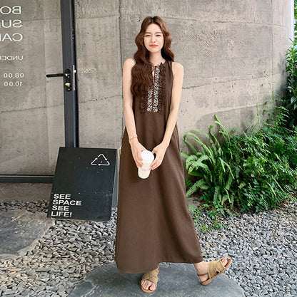 【ワンピース】映え感抜群 フリンジ×刺繍 ノースリーブボヘミアンワンピース 体型カバーも叶うリゾートスタイル【JZシリーズ】