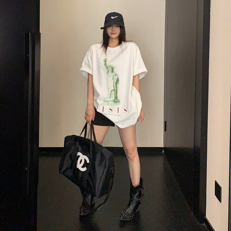【トップス】アメリカンヴィンテージ風 プリント 半袖Tシャツ レディース 綿100％ オーバーサイズ カジュアル【FCシリーズ】