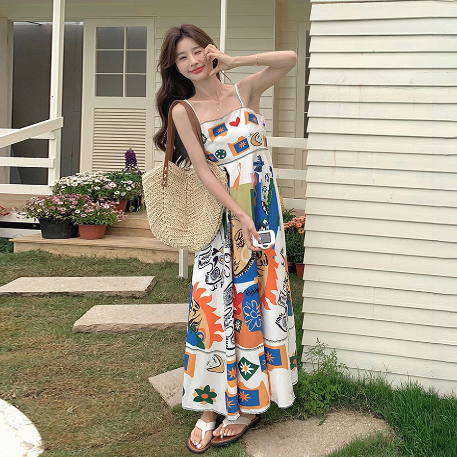 【ワンピース】レトロ油絵プリント ビーチバカンス 夏 高級感 ノースリーブワンピース【SHシリーズ】