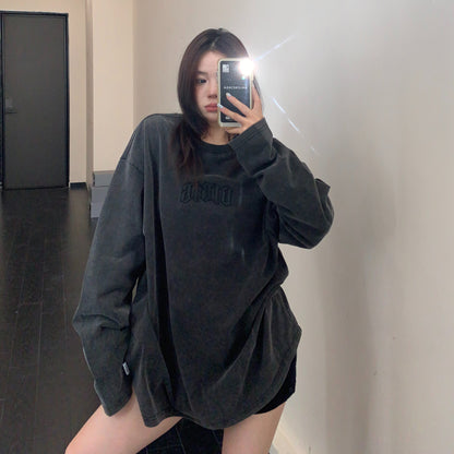 【トップス】ヴィンテージ刺繍ウォッシュロンT レディース オーバーサイズ リラックス 秋コーデ 長袖Tシャツ【FCシリーズ】