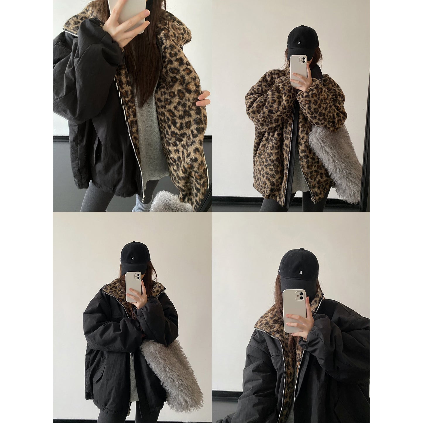 【アウター】リバーシブル レオパード柄 ボア 防寒 厚手 ワークジャケット レディース 秋冬 綿入れコート 【FCシリーズ】【15~20内発送】