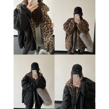 【アウター】リバーシブル レオパード柄 ボア 防寒 厚手 ワークジャケット レディース 秋冬 綿入れコート 【FCシリーズ】【15~20内発送】