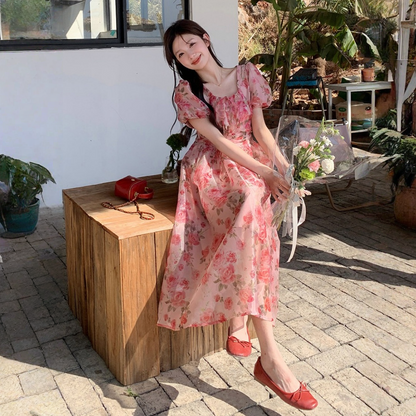 【ワンピース】フレンチ風 リゾート 美しい 花柄 半袖 ワンピース 【SHシリーズ】