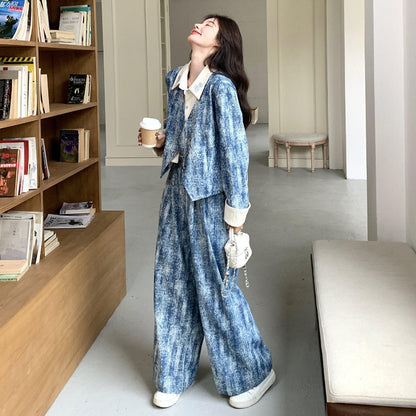 2点セット！【セットアップ】この配色、かっこよすぎる…💙 タイダイ柄ジャケット風トップス×ワイドパンツ 上下セット 春コーデ 体型カバーも叶う【SHシリーズ】