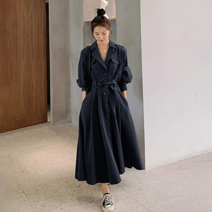 全4色【ワンピース】フレンチ 春秋  気質エレガント トレンチ風 大フレアロング 長袖ワンピース【JZシリーズ】
