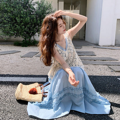 2点セット！【セットアップ】夏新作 フレンチエレガンス レース編み ノースリーブ ベスト＋ワンピースセット【SHシリーズ】