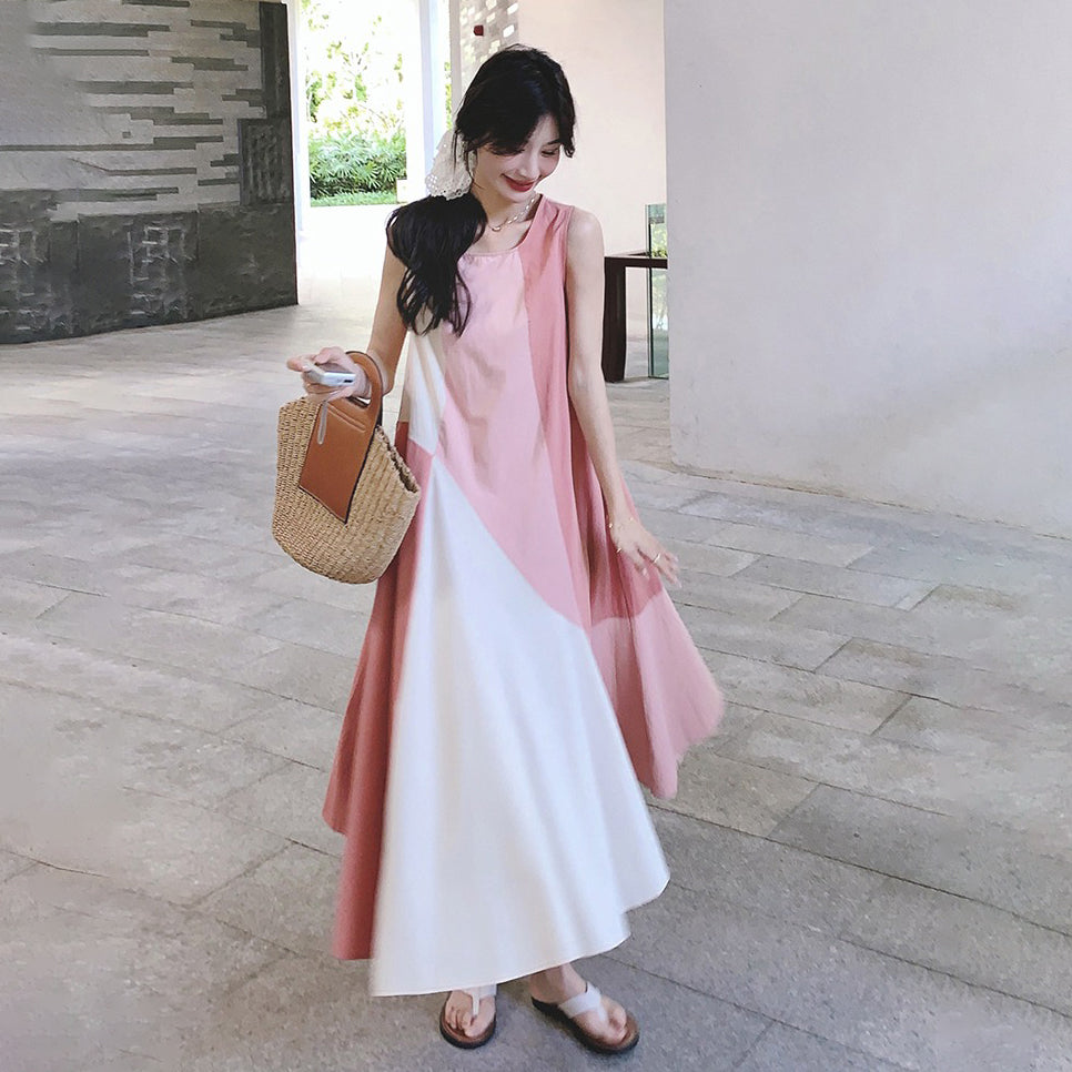 【ワンピース】フレンチエレガンス デザイン性高め リゾート風 夏新作 切り替えノースリーブワンピース【SHシリーズ】