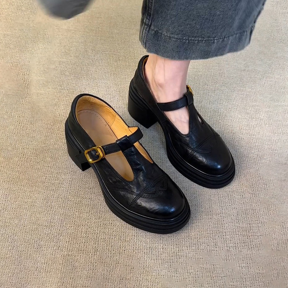 【シューズ】厚底チャンキーヒール  ヴィンテージ レディース シューズ ローファー 丸トゥパンプス メリージェーンシューズ