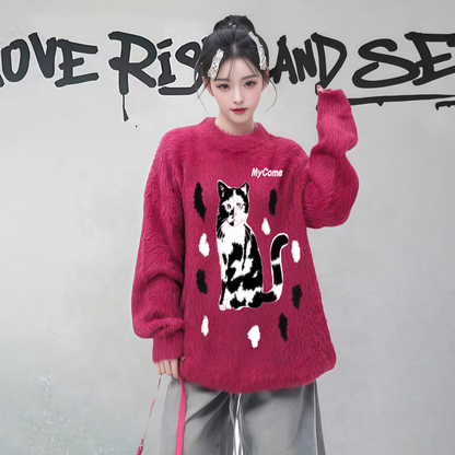 【トップス】猫モチーフ ふわふわ モヘア風 ニットセーター レディース ゆったり ふわもこ ニット・セーター【FCシリーズ】