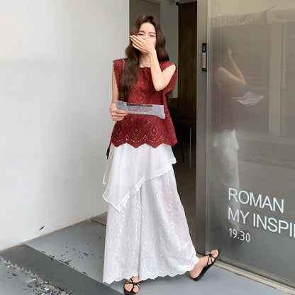 2点セット!【セットアップ】個性的で華やかな刺繍入りノースリーブトップス＋ワイドパンツ 上下セット 取り外し可能なバックフラップ付き【JZシリーズ】