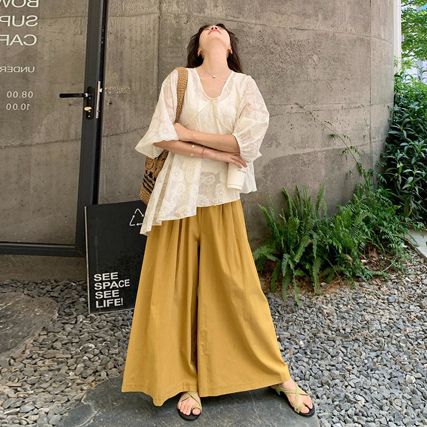 2点セット！【セットアップ】レディース 上下セット フレンチガーリー レース Vネック トップス＋ワイドパンツ 細見え ゆったり 上品 きれいめ 夏新作【SHシリーズ】