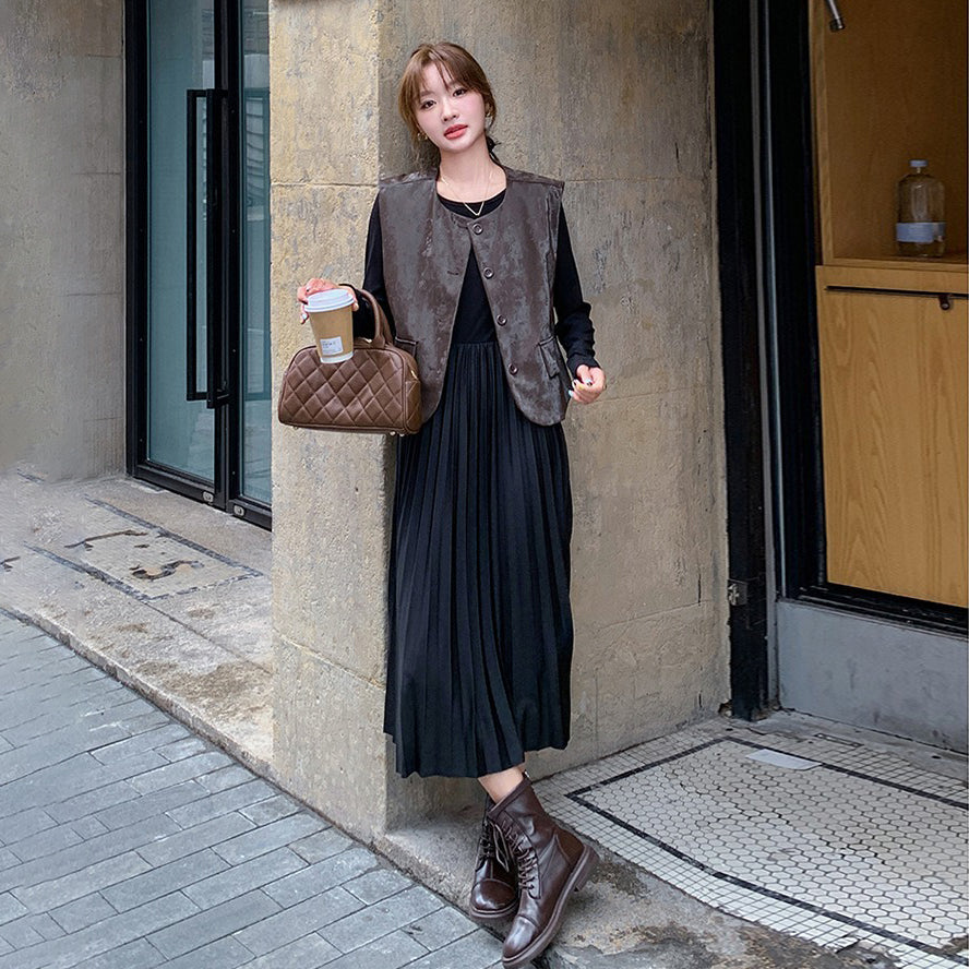 2点セット！【セットアップ】フレンチデザイン プリーツワンピース＋ベスト セット 秋新作 大人カジュアル ファッションコーデ【JZシリーズ】