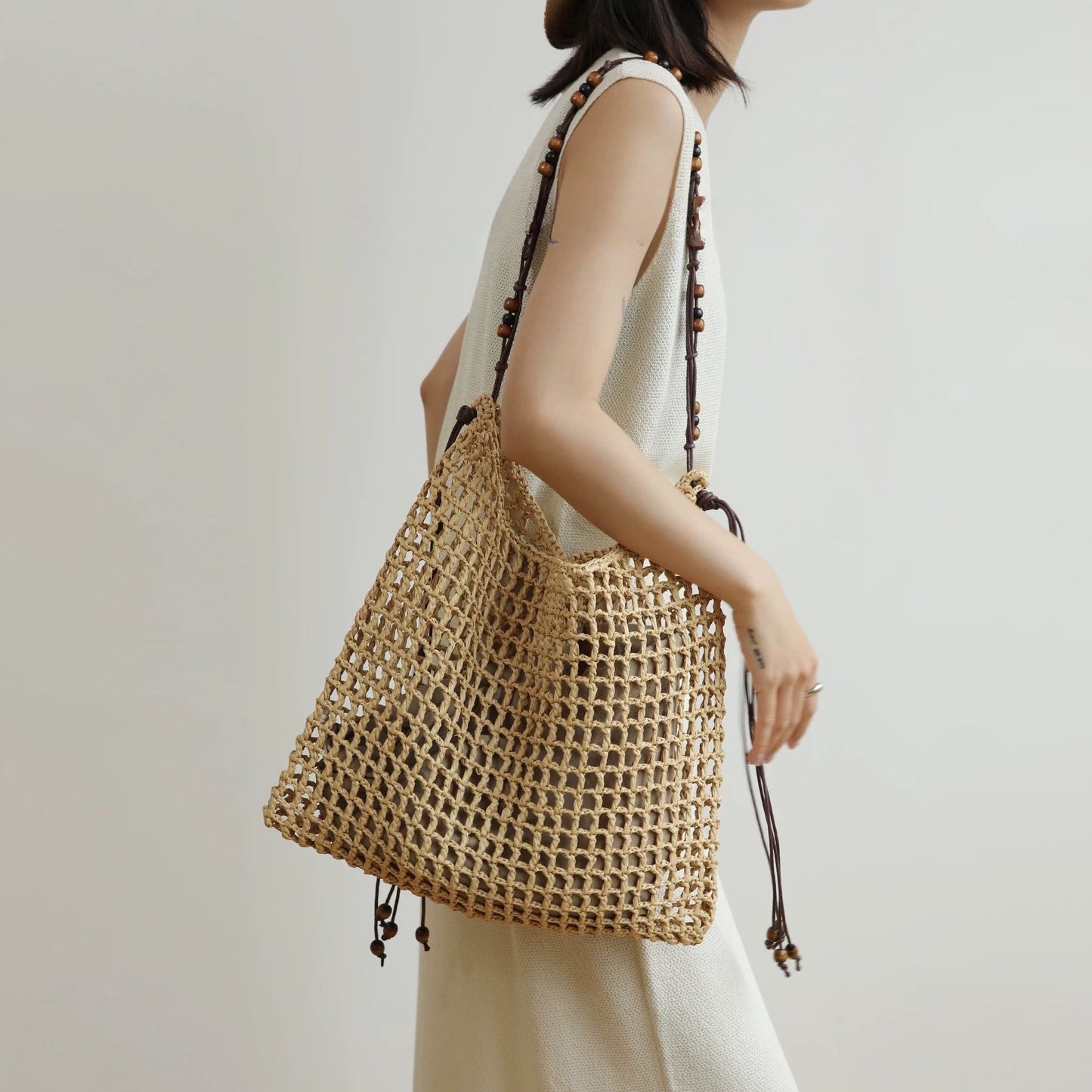 【バッグ】夏 ビーチ PP編みバッグ ビーズ装飾 ヴィンテージ 大容量 ショルダーバッグ