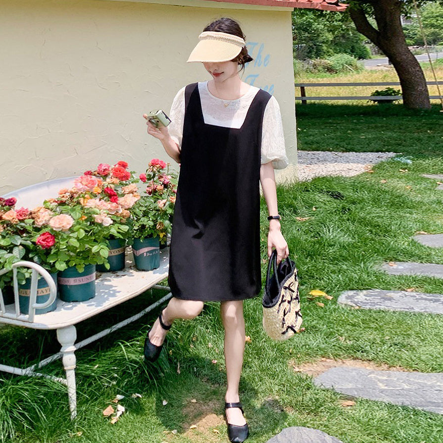 【ワンピース】配色 ワンピース レディース 夏 レイヤード風 半袖 ロングワンピース 細見え リボンデザイン 人気 フレンチ風【JZシリーズ】