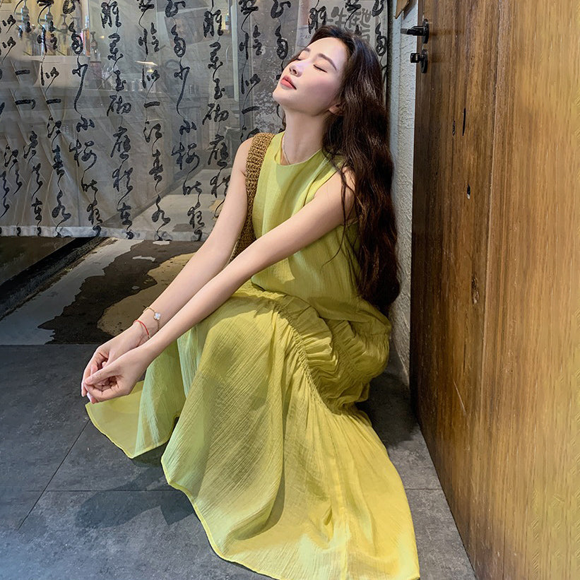 【ワンピース】気質スタイル 夏 海辺リゾート風 ギャザー入りシフォンロングドレス  ノースリーブワンピース