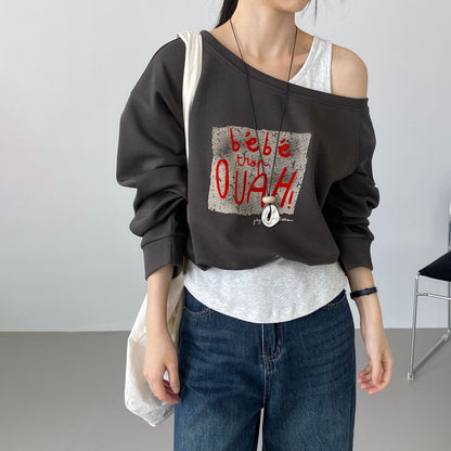 【トップス】韓国風 デザイン スウェット レディース ワンショルダー フェイクレイヤード プリント ゆったり カジュアル 着回し【JZシリーズ】