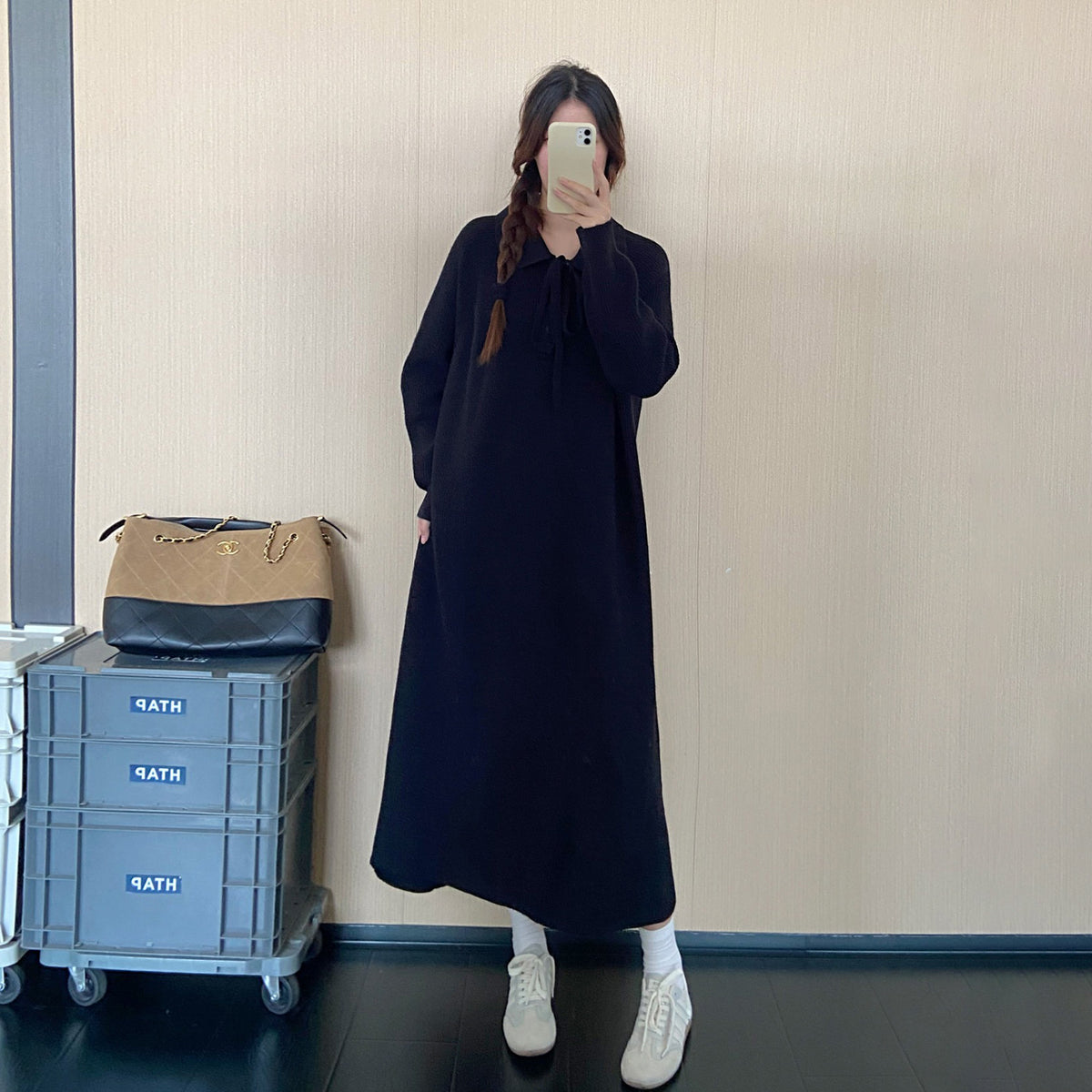 【ワンピース】大人上品リボンニットワンピース レディース 秋冬新作 長袖 ロング丈 ゆったり 通勤コーデ【JZシリーズ】