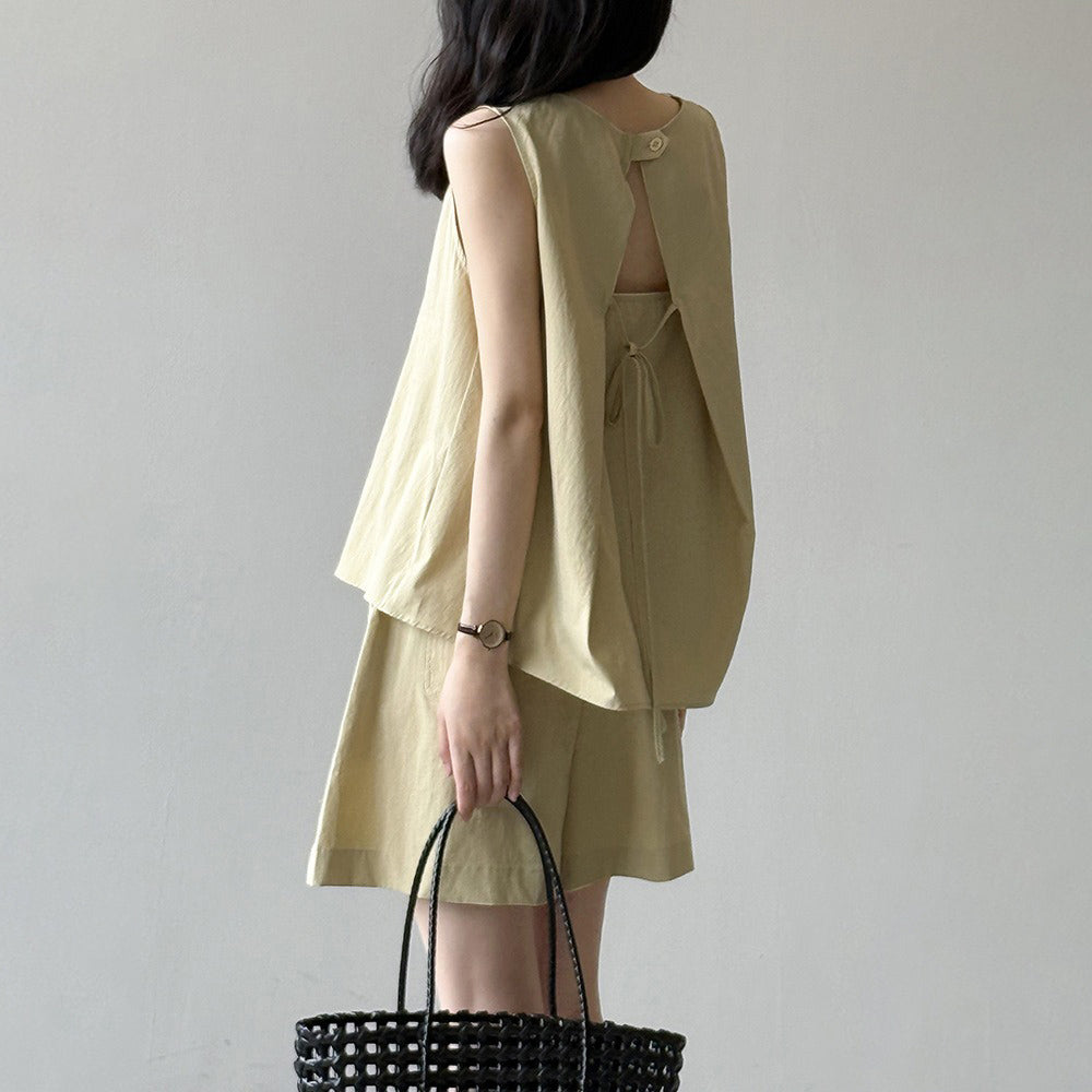 2点セット！【セットアップ】リラックス感 シンプル 無袖トップス＋ショートパンツ エレガント 上下セット【JZシリーズ】